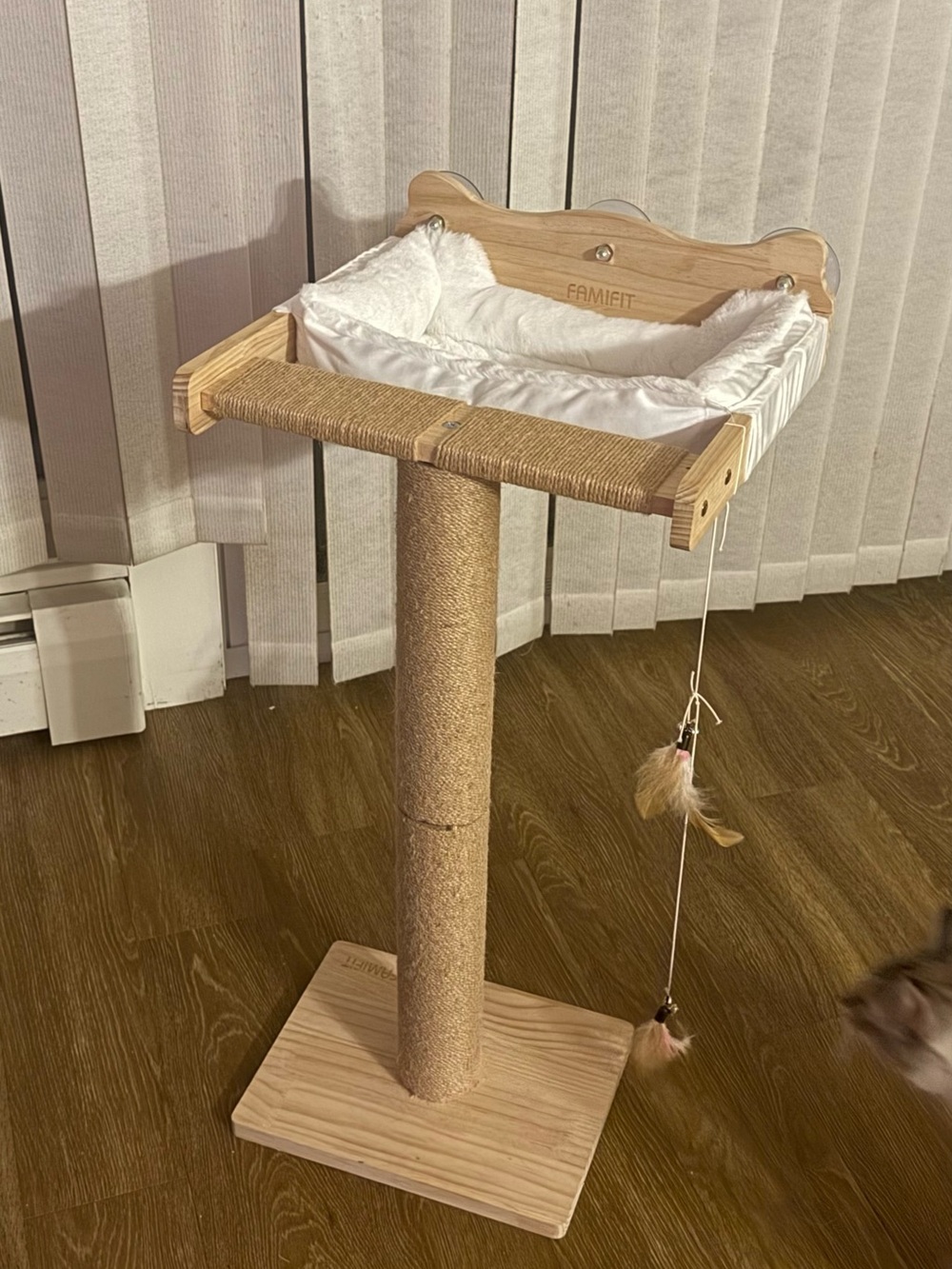 White & Natural Wood Cat Window Hammock Perch with Scratching Post
